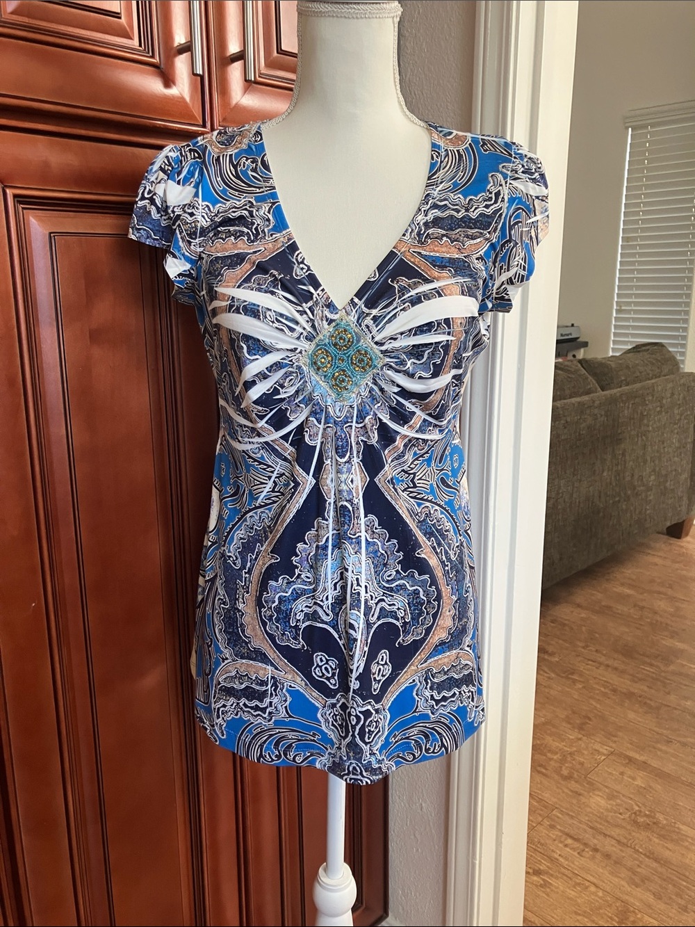 Y2k Covington Blue Navy Paisley V-Neck Blouse